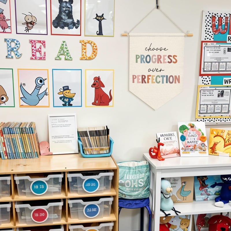 Wheatwin Classroom Wall Decor, Progress Over Perfection Pennant Flag Banner, Inspirational Wall Hanging Decor for Kindergarten Boho Classroom Kids Toddler Playroom, Teacher Gifts 15x11 Inch - Image 2